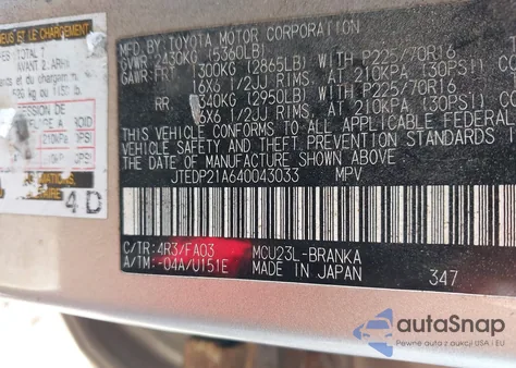 2004 Toyota Highlander V6 z USA, uszkodzony, nr VIN JTEDP21A640043033